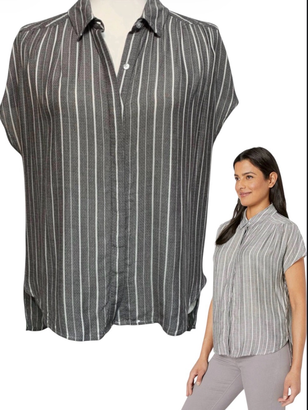 Lucky Brand Short Sleeve Button Up Grey White Striped Shirt Women’s Sz S Resort